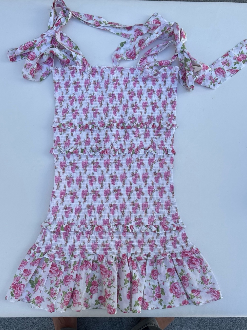 LoveShackFancy White Pink Floral Smocked Mini Dress